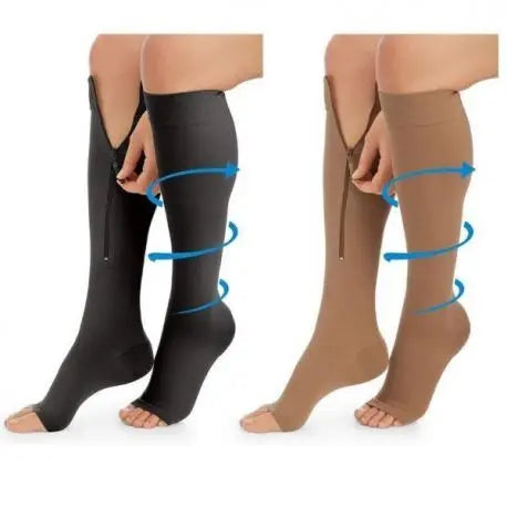 Medias de compresión VenoCare 20-30 mmHg con cremallera lateral y puntera abierta, disponibles en diferentes tonos, diseño hasta la rodilla que mejora la circulación y ayuda a reducir la hinchazón en las piernas.”