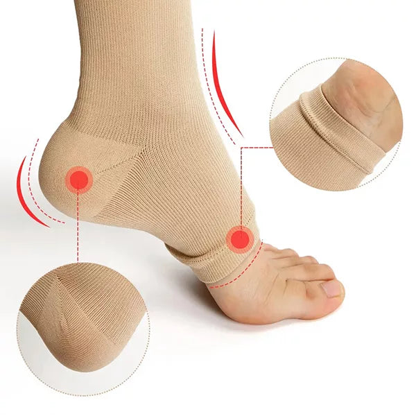 Detalle de medias de compresión VenoCare 20-30 mmHg con refuerzo en talón y arco plantar para mejorar la circulación, aliviar hinchazón y brindar soporte al caminar.